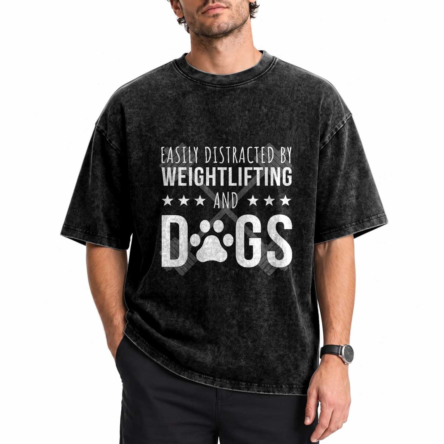 Easily Distracted By Weightlifting And Dogs Washed Cotton T-Shirt Funny Gym Gift
