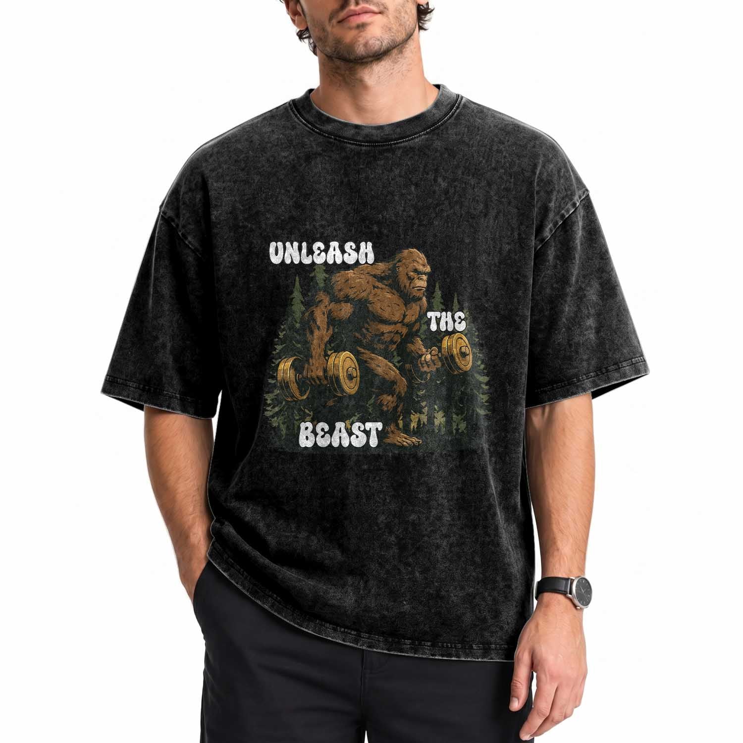 Unleash The Beast Washed Cotton T-Shirt Funny Bigfoot Fitness Workout Gift