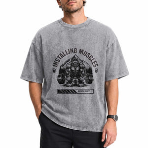 Installing Muscles Please Wait Washed Cotton T-Shirt Bigfoot Funny Gym Workout Gift
