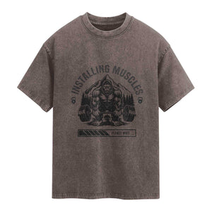 Installing Muscles Please Wait Washed Cotton T-Shirt Bigfoot Funny Gym Workout Gift