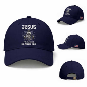 Funny Christian Gym Gift Baseball Cap Jesus The Ultimate Deadlifter TS12 Baseball Cap Universal Fit Dark Blue Print Your Wear