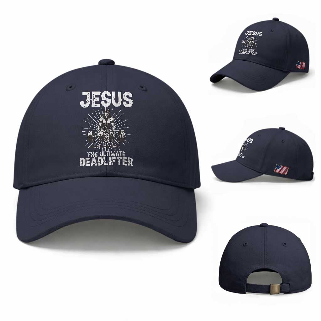 Funny Christian Gym Gift Baseball Cap Jesus The Ultimate Deadlifter TS12 Baseball Cap Universal Fit Navy Print Your Wear