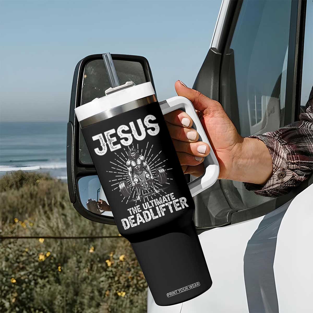 Funny Christian Gym Gift Tumbler With Handle Jesus The Ultimate Deadlifter TS12 Print Your Wear