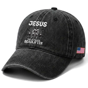 Funny Christian Gym Gift Washed Cotton Baseball Cap Jesus The Ultimate Deadlifter TS12 Print Your Wear