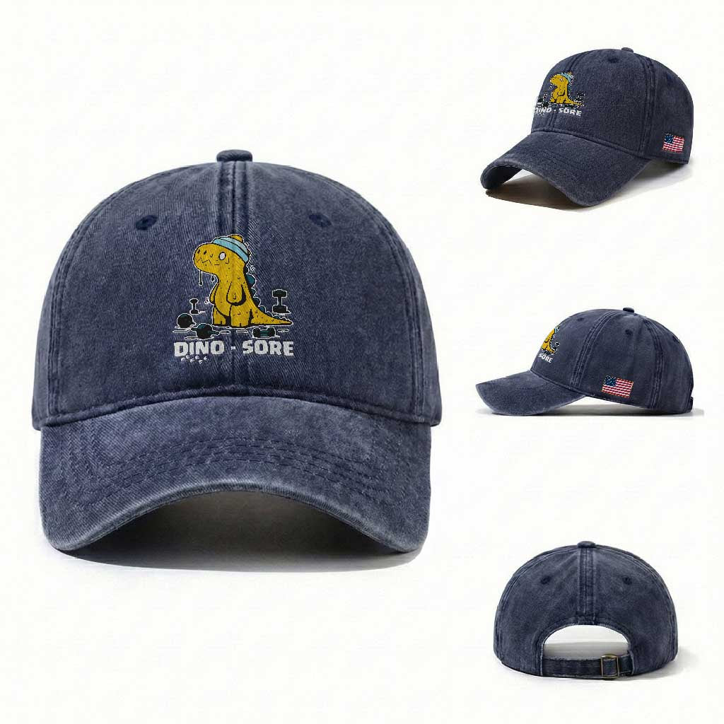 Dino Sore Washed Cotton Baseball Cap Funny Dinosaur Workout Gift TS12 Washed Cap Universal Fit Navy Print Your Wear