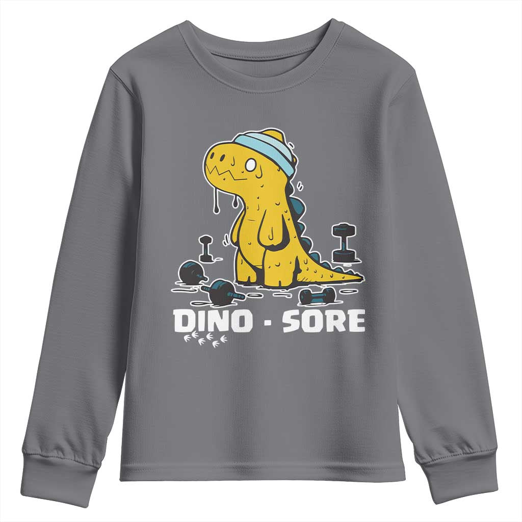Dino Sore Youth Sweatshirt Funny Dinosaur Workout Gift TS12 Charcoal Print Your Wear