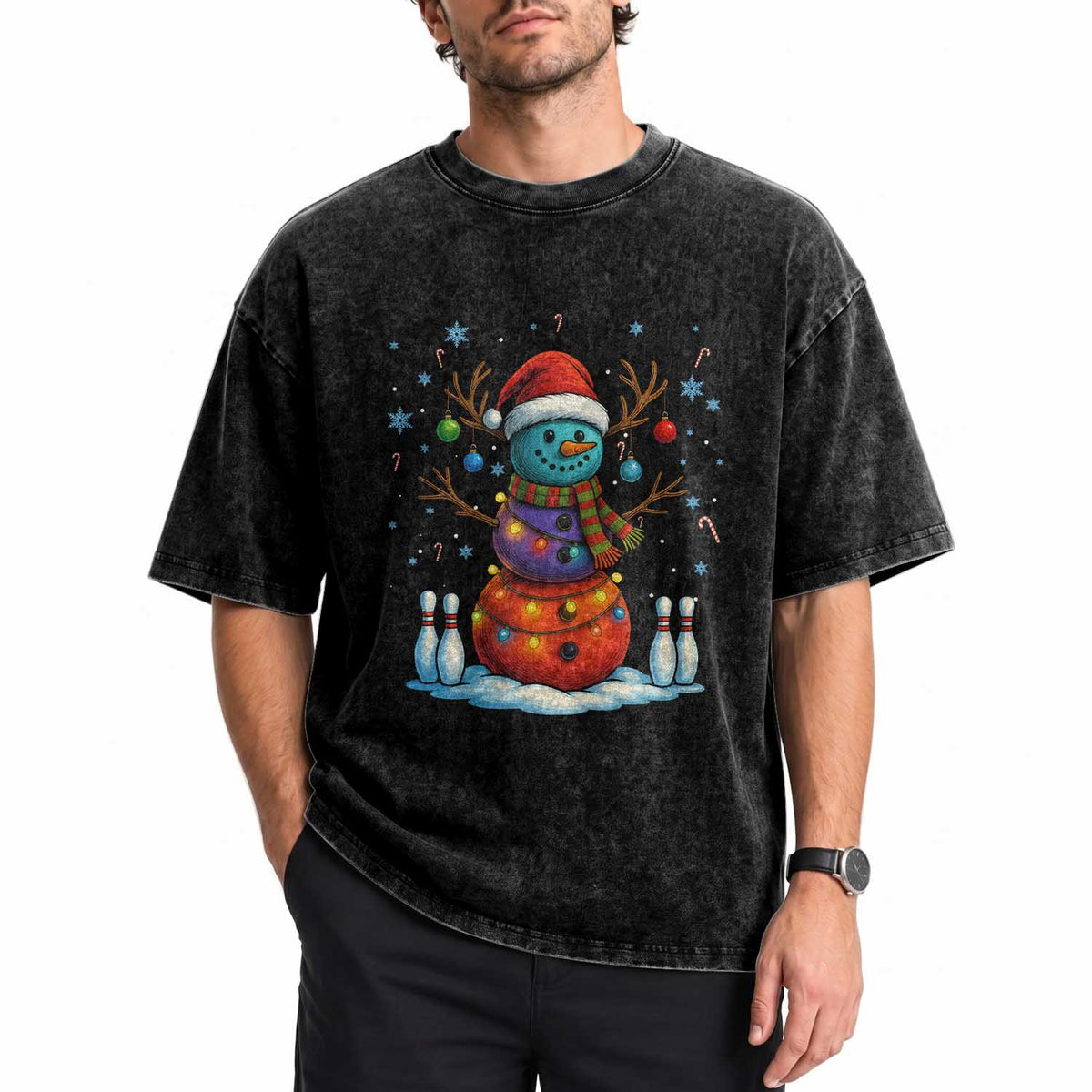 Funny Bowling Christmas Washed Cotton T-Shirt Gift For Bowler