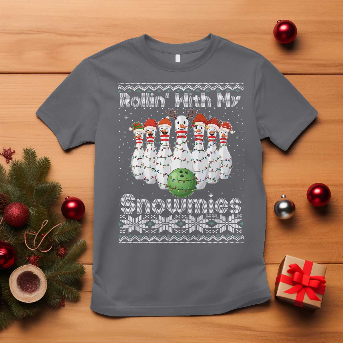 Rollin With My Snowmies T Shirt Funny Christmas Bowling Ugly Sweater Gift TS12 Charcoal Print Your Wear