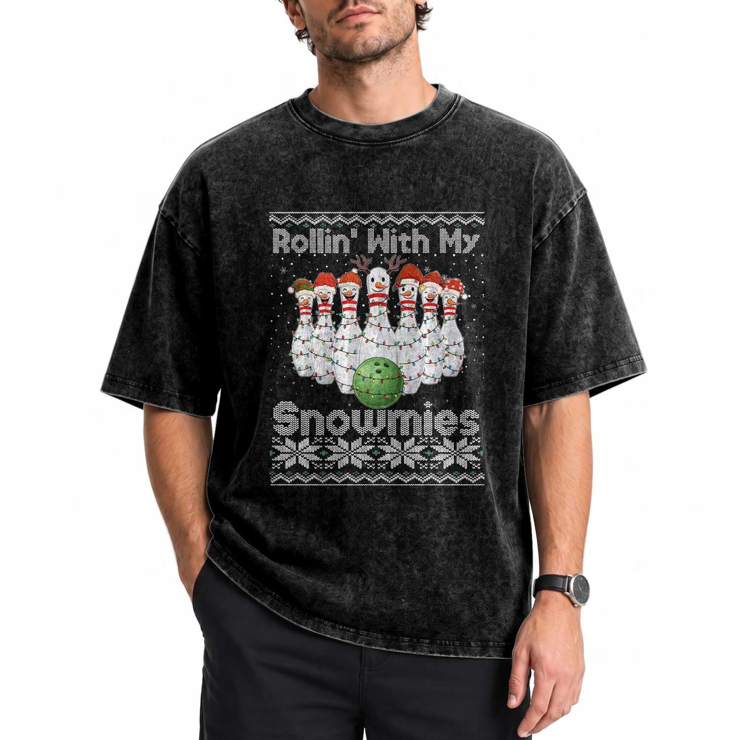Rollin With My Snowmies Washed Cotton T-Shirt Funny Christmas Bowling Ugly Sweater Gift