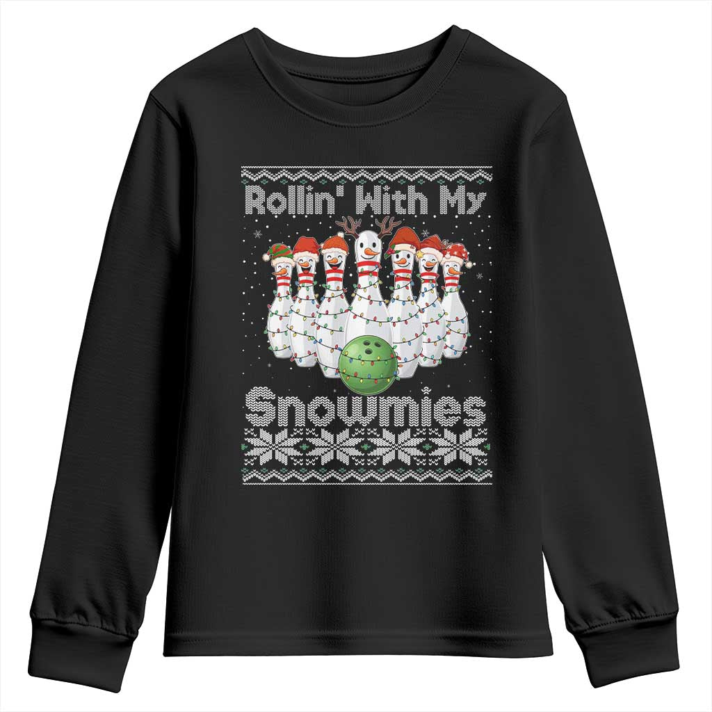 Rollin With My Snowmies Youth Sweatshirt Funny Christmas Bowling Ugly Sweater Gift TS12 Black Print Your Wear
