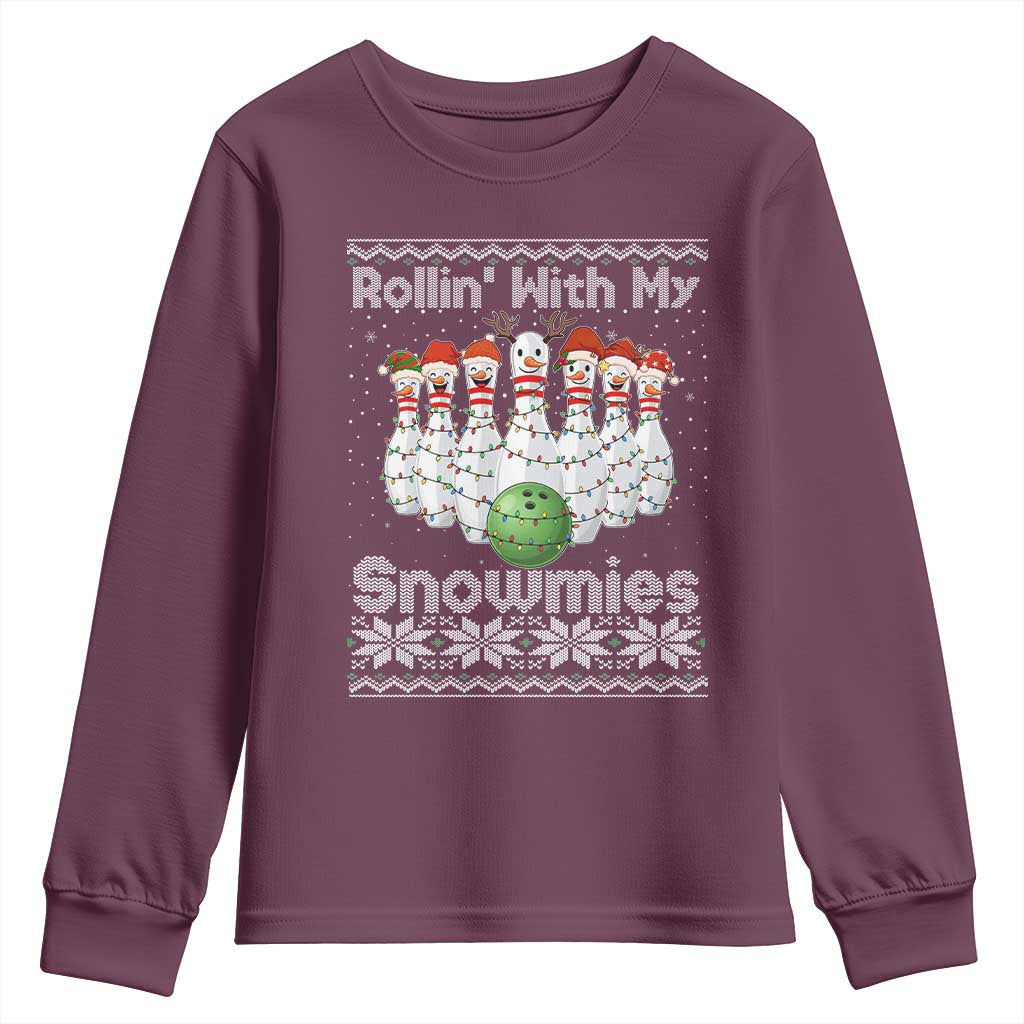 Rollin With My Snowmies Youth Sweatshirt Funny Christmas Bowling Ugly Sweater Gift TS12 Maroon Print Your Wear