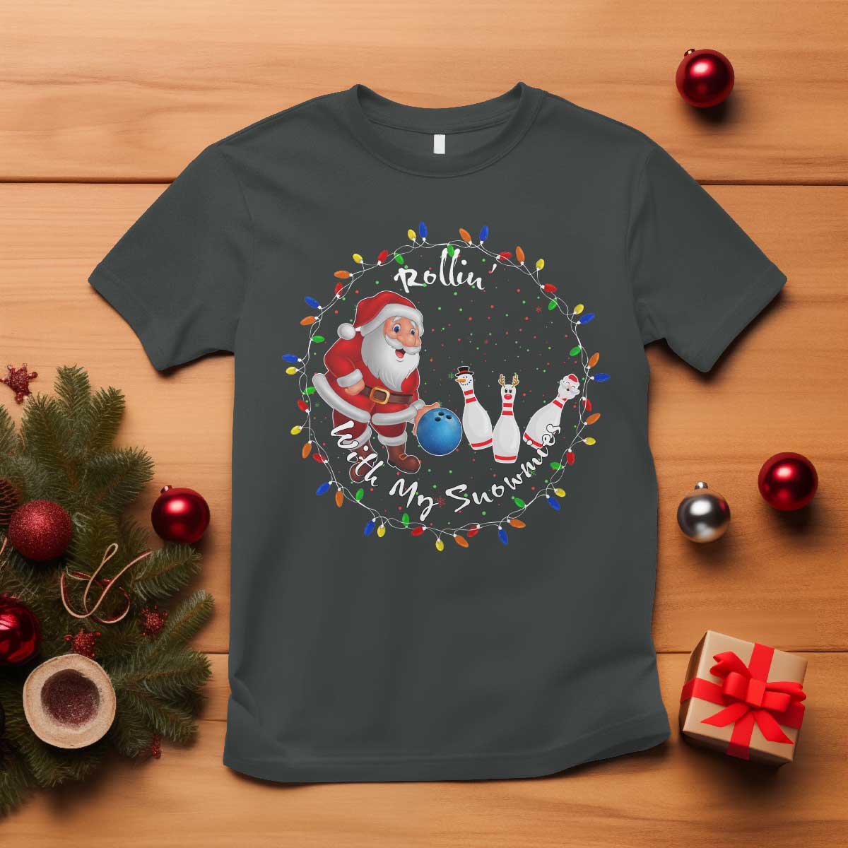 Rollin With My Snowmies T Shirt Bowling Xmas Gift TS12 Dark Heather Print Your Wear