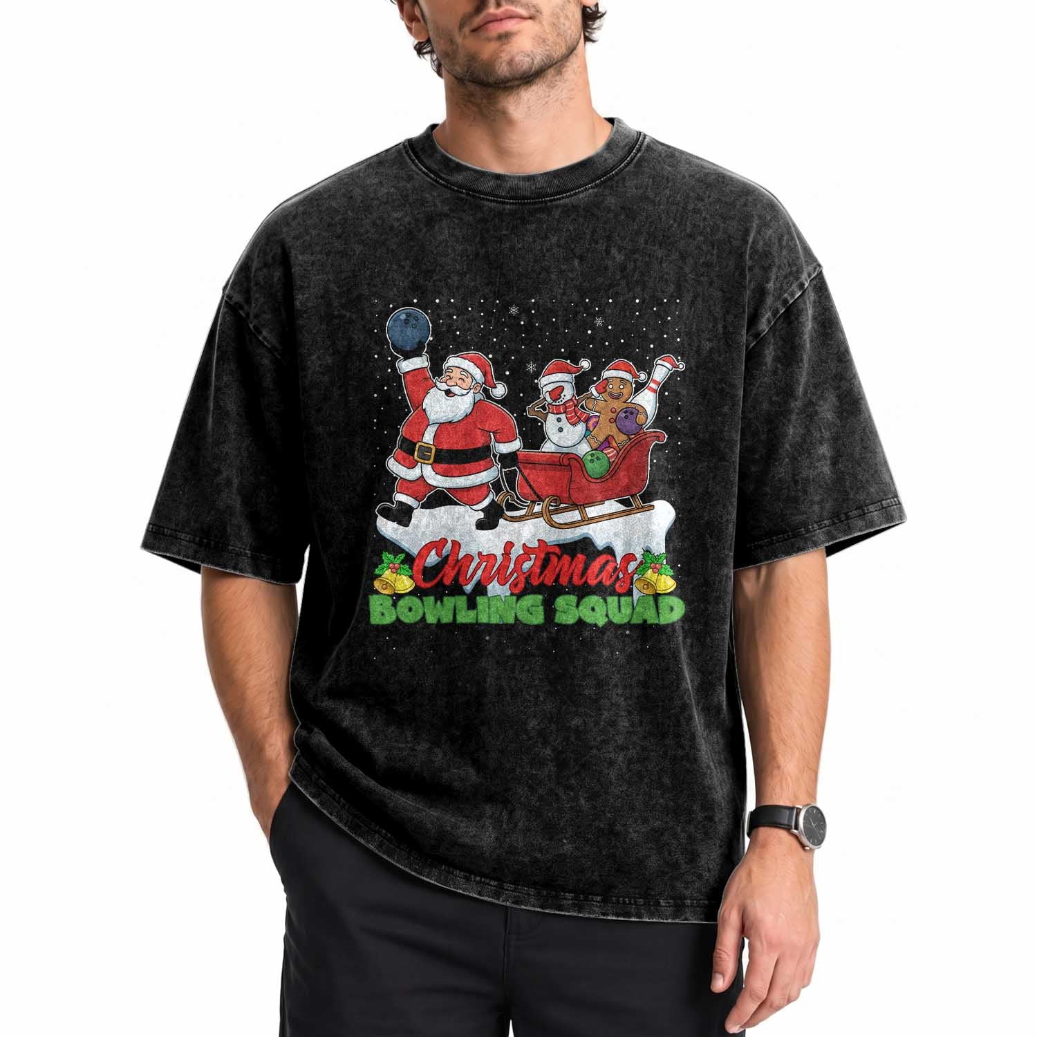 Christmas Bowling Squad Washed Cotton T-Shirt Funny Holiday Bowler