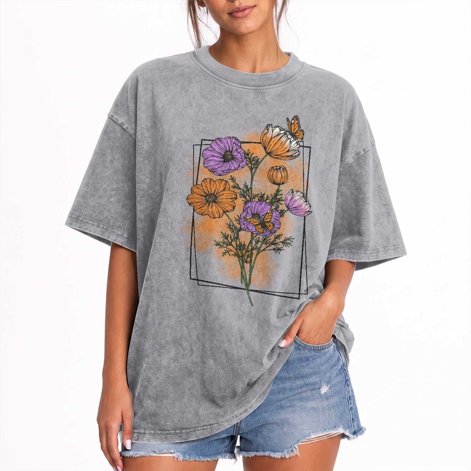 Monarch Butterfly Botanical Wildflowers Washed Cotton T-Shirt Vintage Watercolor Floral Nature Frame Gift