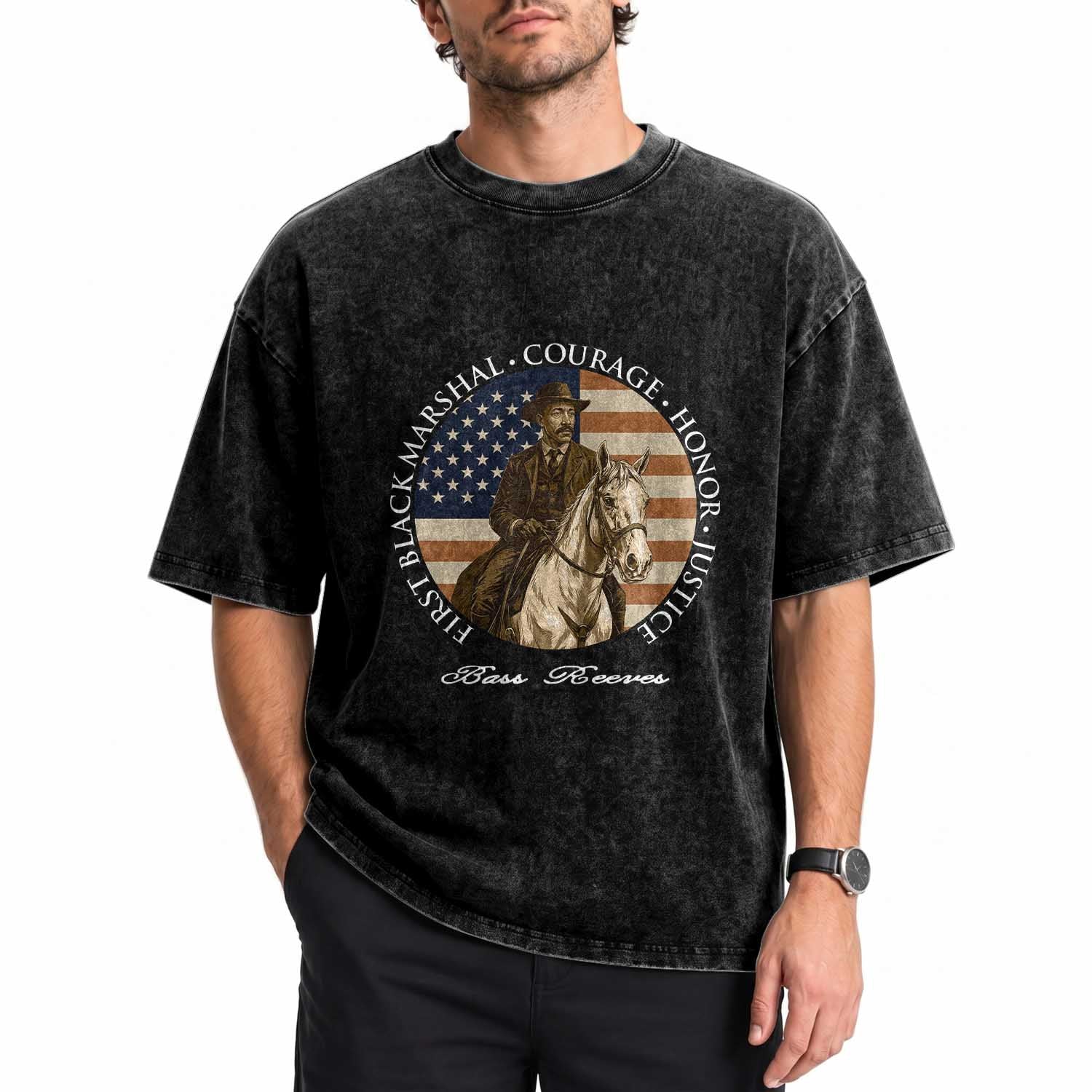 Bass Reeves Deputy US Marshal Washed Cotton T-Shirt Black History American Flag Western Frontier Lawman
