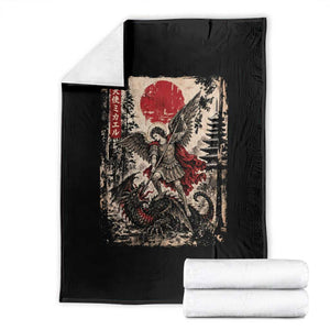 Vintage Japanese Ukiyoe Archangel Michael Throw Blanket Defeating Dragon Catholic Saint