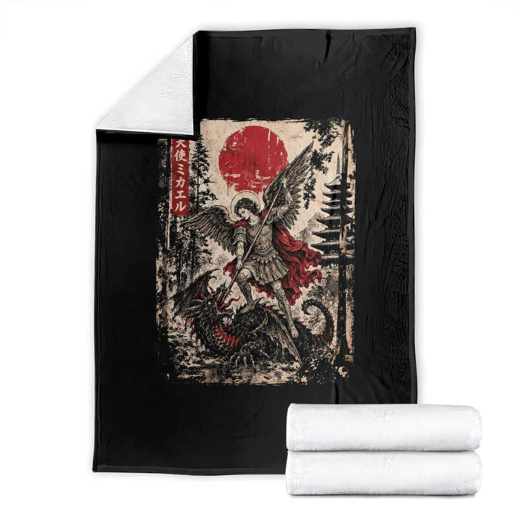 Vintage Japanese Ukiyoe Archangel Michael Throw Blanket Defeating Dragon Catholic Saint