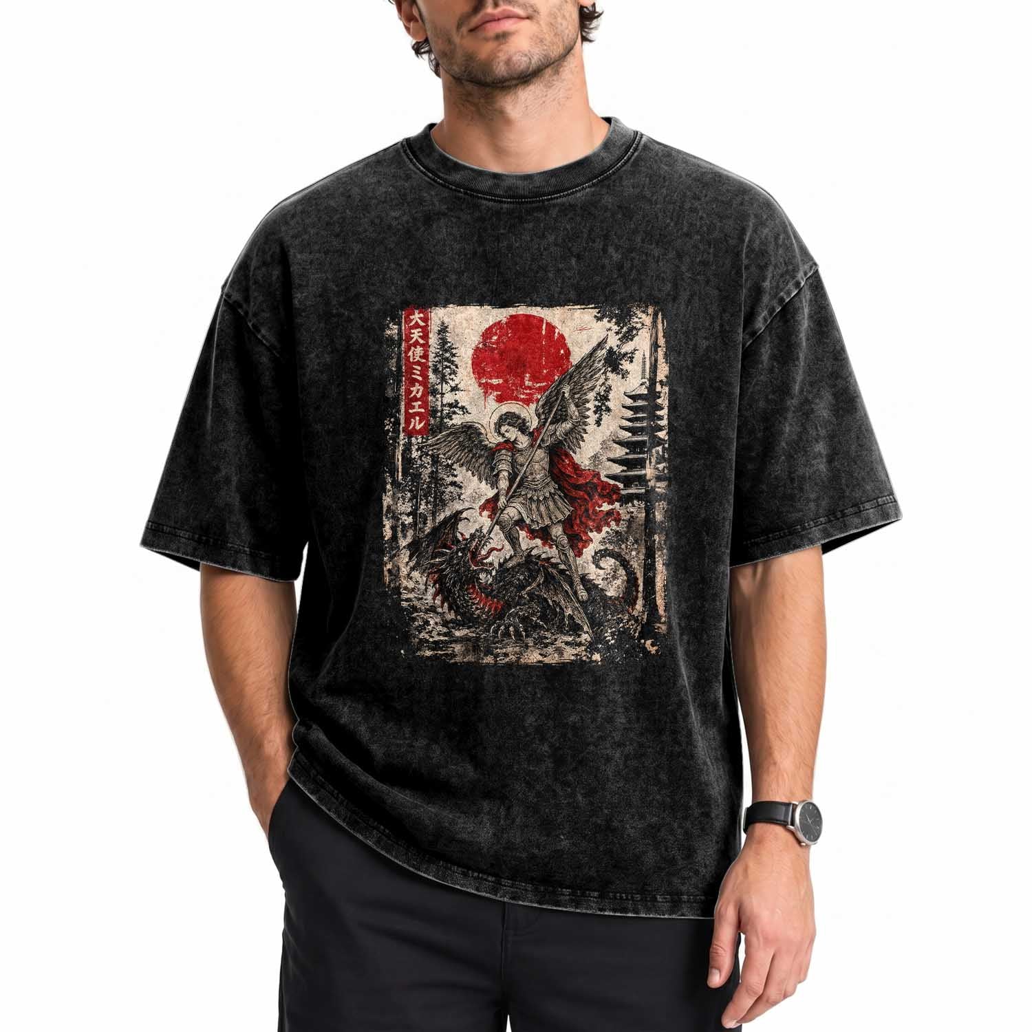 Vintage Japanese Ukiyoe Archangel Michael Washed Cotton T-Shirt Defeating Dragon Catholic Saint
