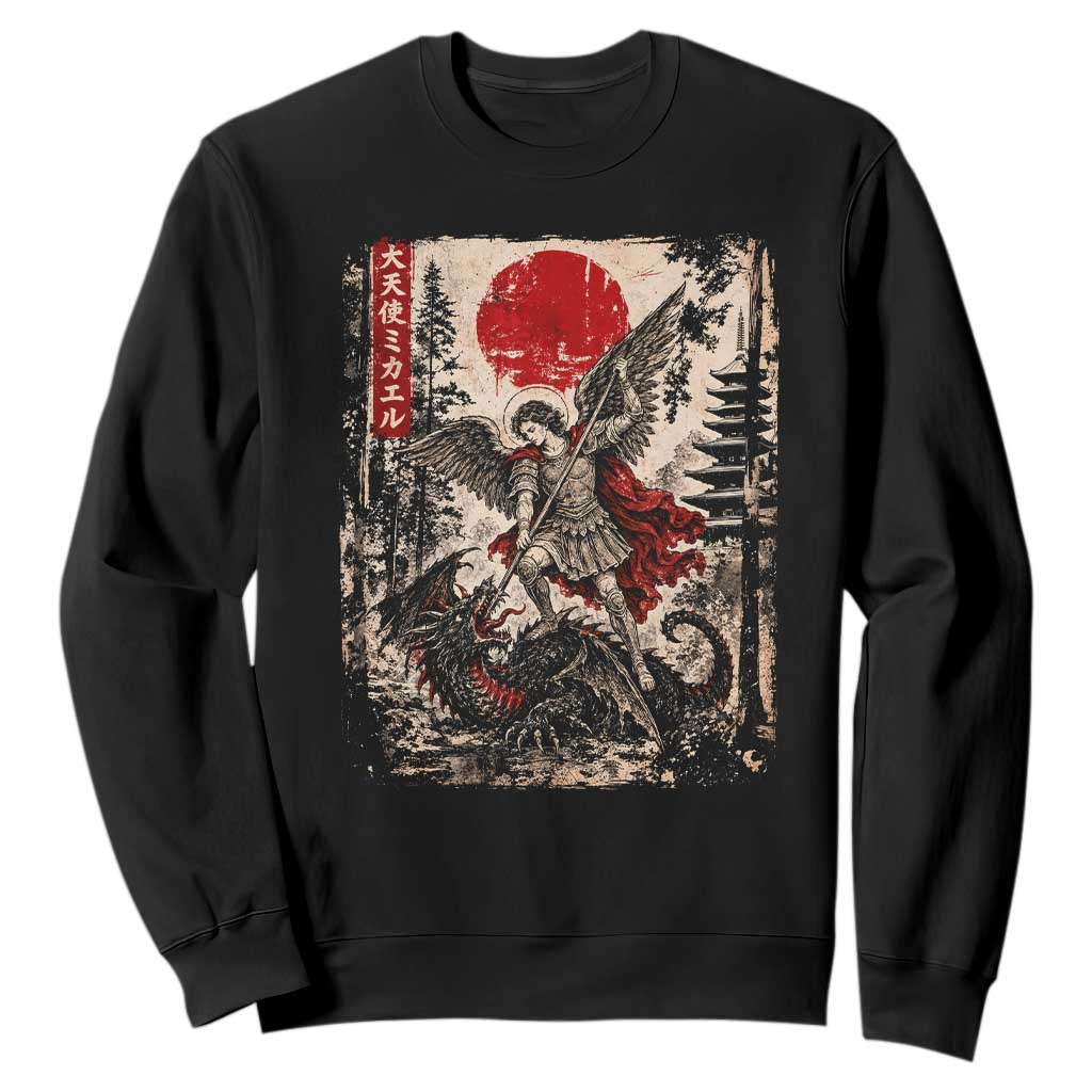 Vintage Japanese Ukiyoe Archangel Michael Sweatshirt Defeating Dragon Catholic Saint