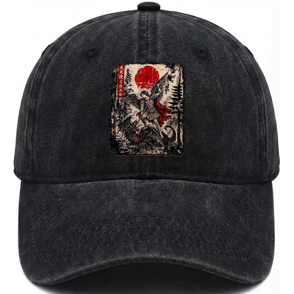 Vintage Japanese Ukiyoe Archangel Michael Washed Cotton Baseball Cap Defeating Dragon Catholic Saint