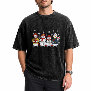 Christmas Firefighter Snowman Washed Cotton T-Shirt Festive Holiday First Responder Gift