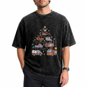 Christmas Tree Emergency Rescue Vehicles Washed Cotton T-Shirt First Responders Holiday Lights Gift