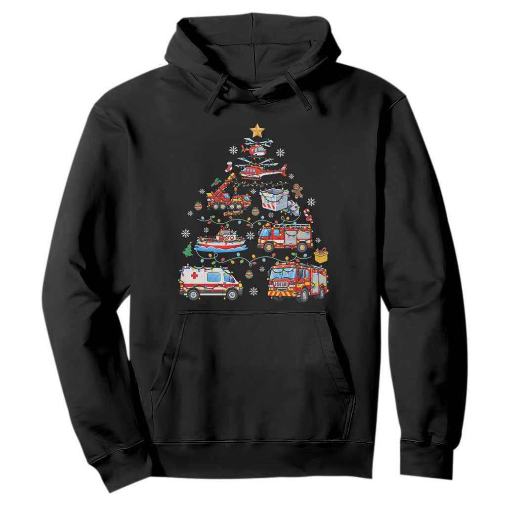 Christmas Tree Emergency Rescue Vehicles Hoodie First Responders Holiday Lights Gift