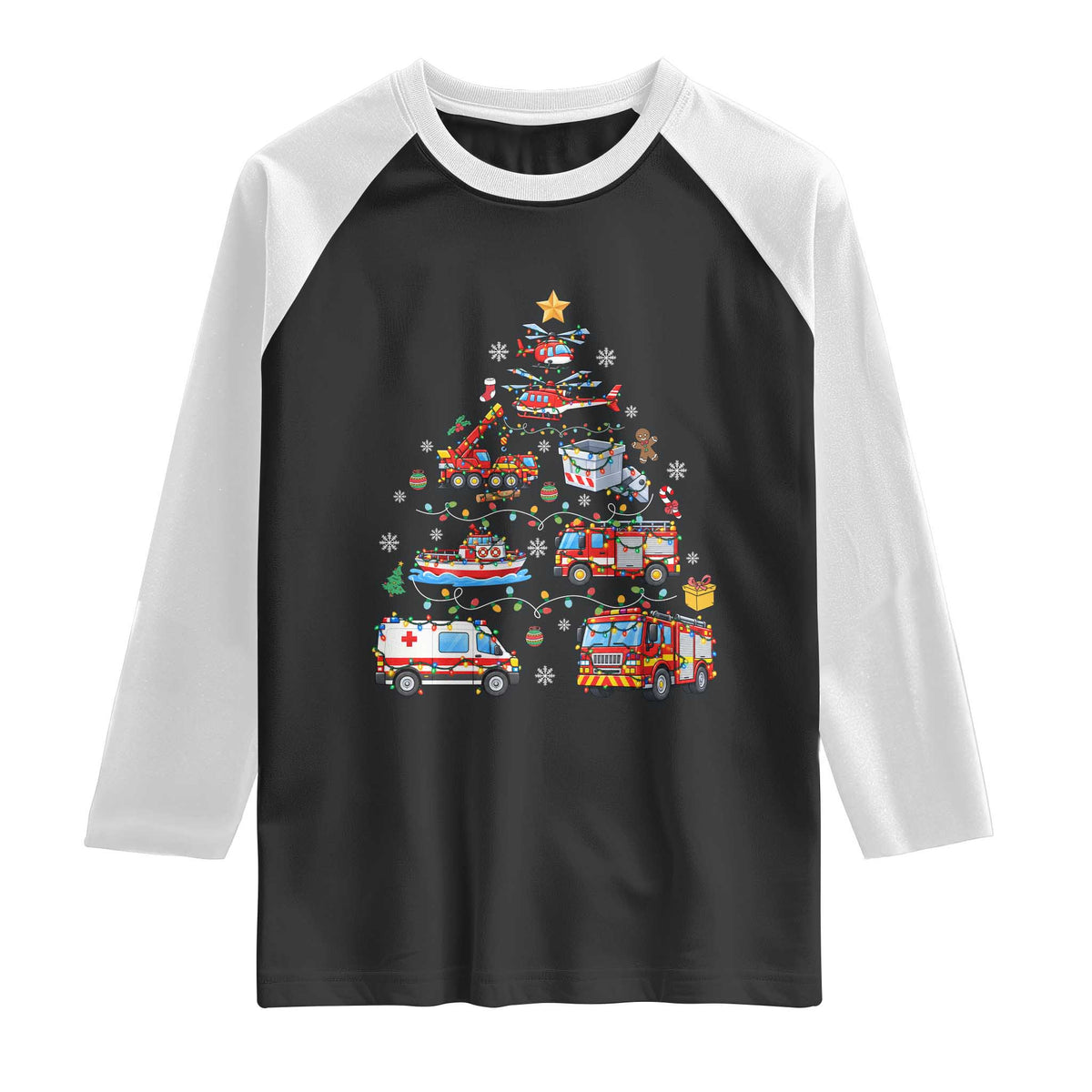 Christmas Tree Emergency Rescue Vehicles Raglan Shirt First Responders Holiday Lights Gift