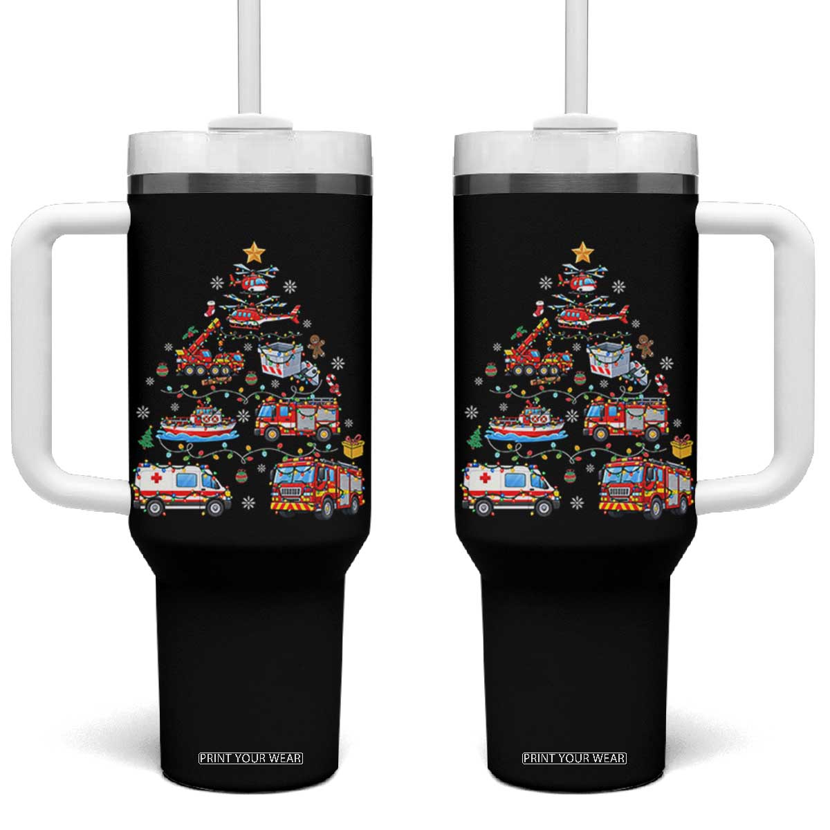 Christmas Tree Emergency Rescue Vehicles Tumbler With Handle First Responders Holiday Lights Gift