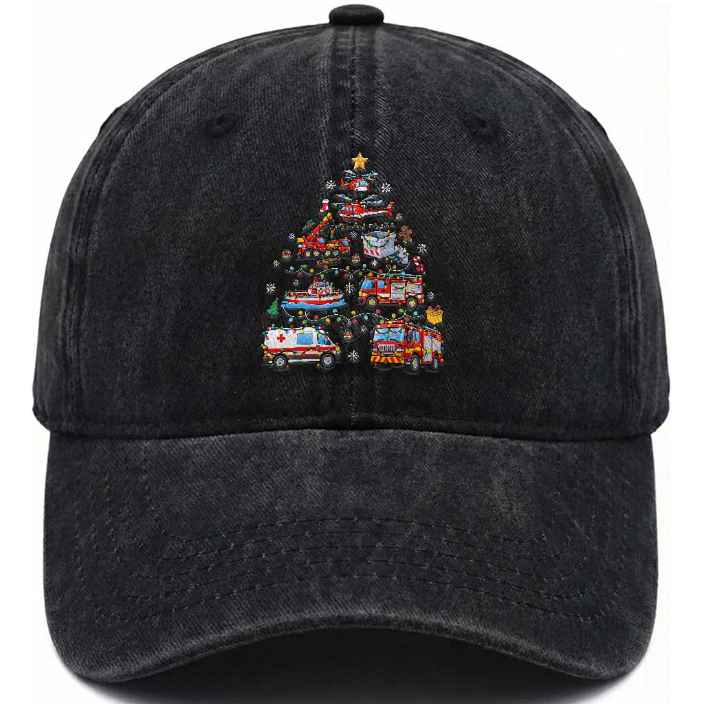 Christmas Tree Emergency Rescue Vehicles Washed Cotton Baseball Cap First Responders Holiday Lights Gift