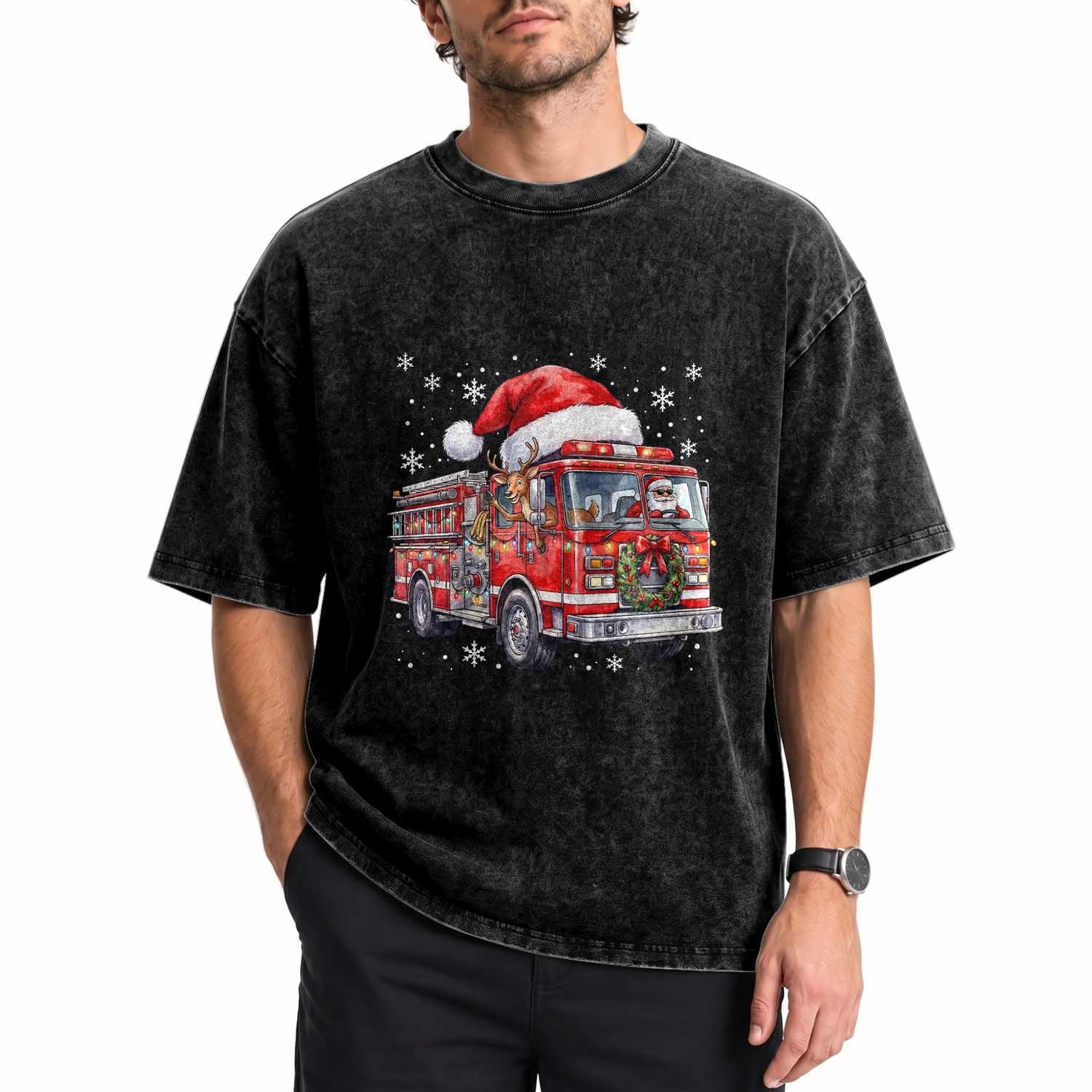 Funny Santa Reindeer Fire Truck Christmas Washed Cotton T-Shirt Driving Holiday Firefighter Gift