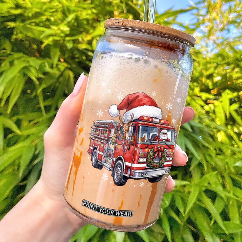 Funny Santa Reindeer Fire Truck Christmas Glass Can Driving Holiday Firefighter Gift