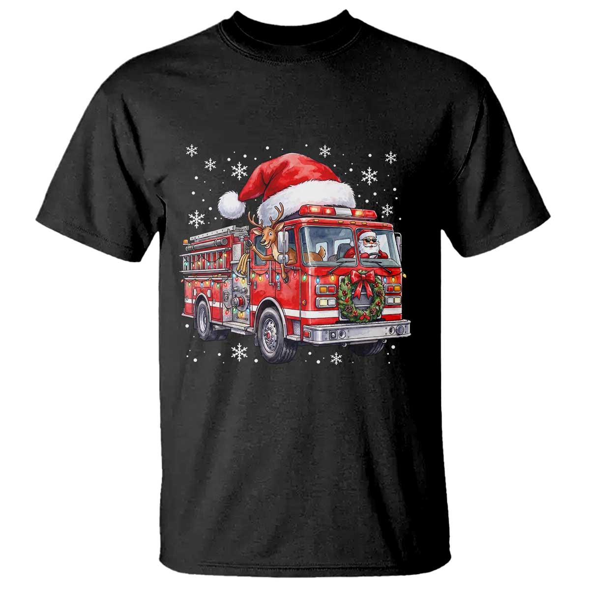 Funny Santa Reindeer Fire Truck Christmas T Shirt Driving Holiday Firefighter Gift