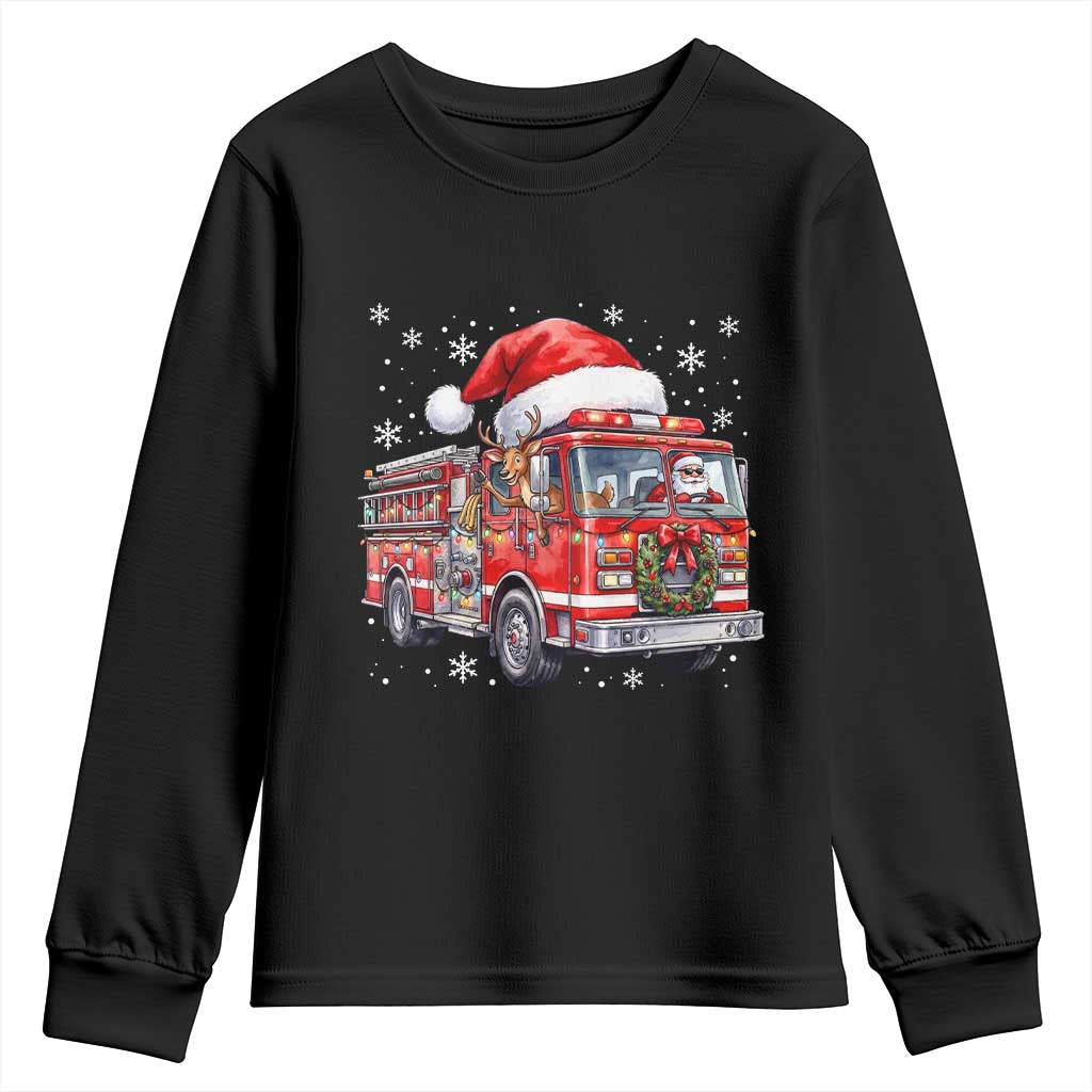 Funny Santa Reindeer Fire Truck Christmas Youth Sweatshirt Driving Holiday Firefighter Gift