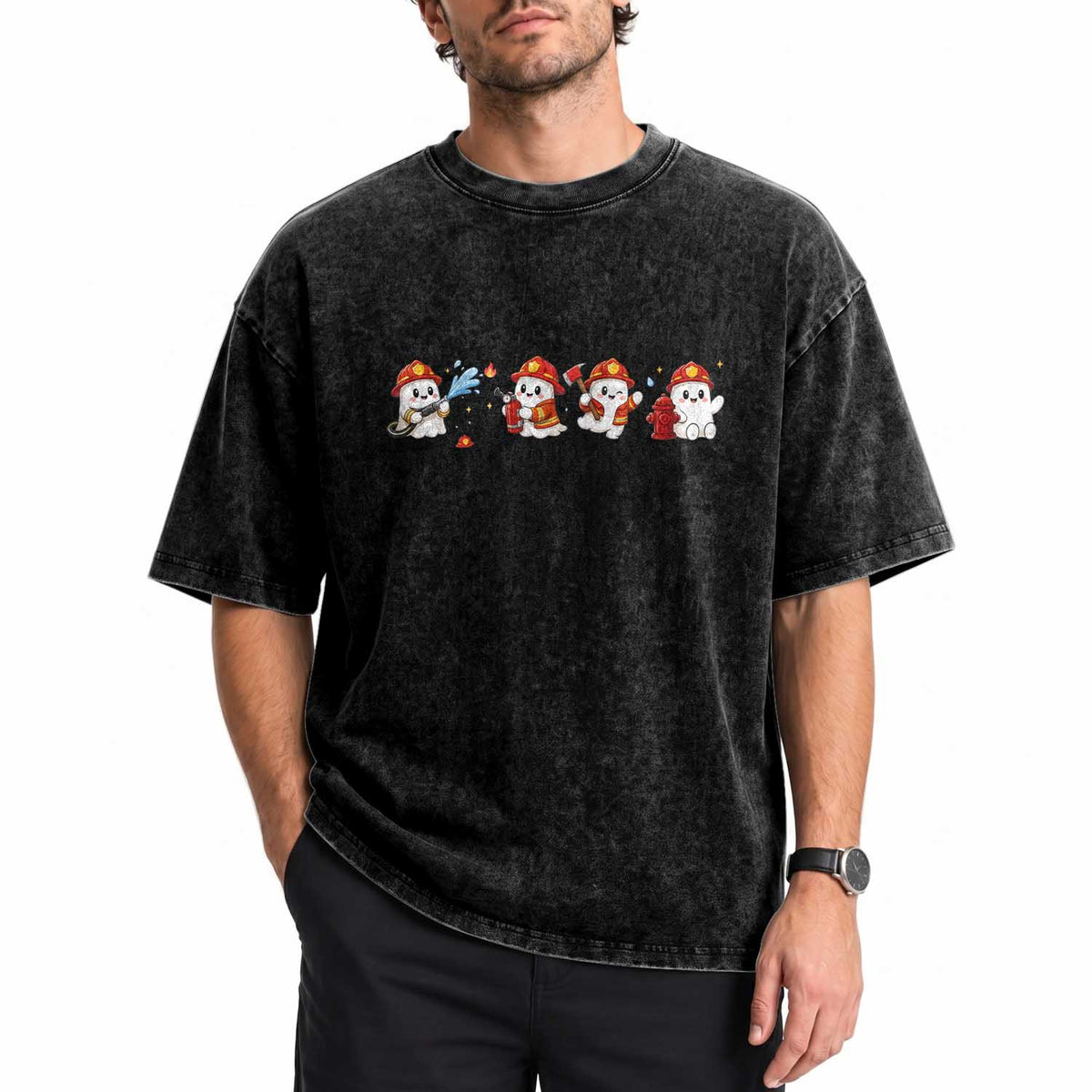Funny Ghost Firefighter Fire Rescue Halloween Washed Cotton T-Shirt Spooky Fireman Season Gift