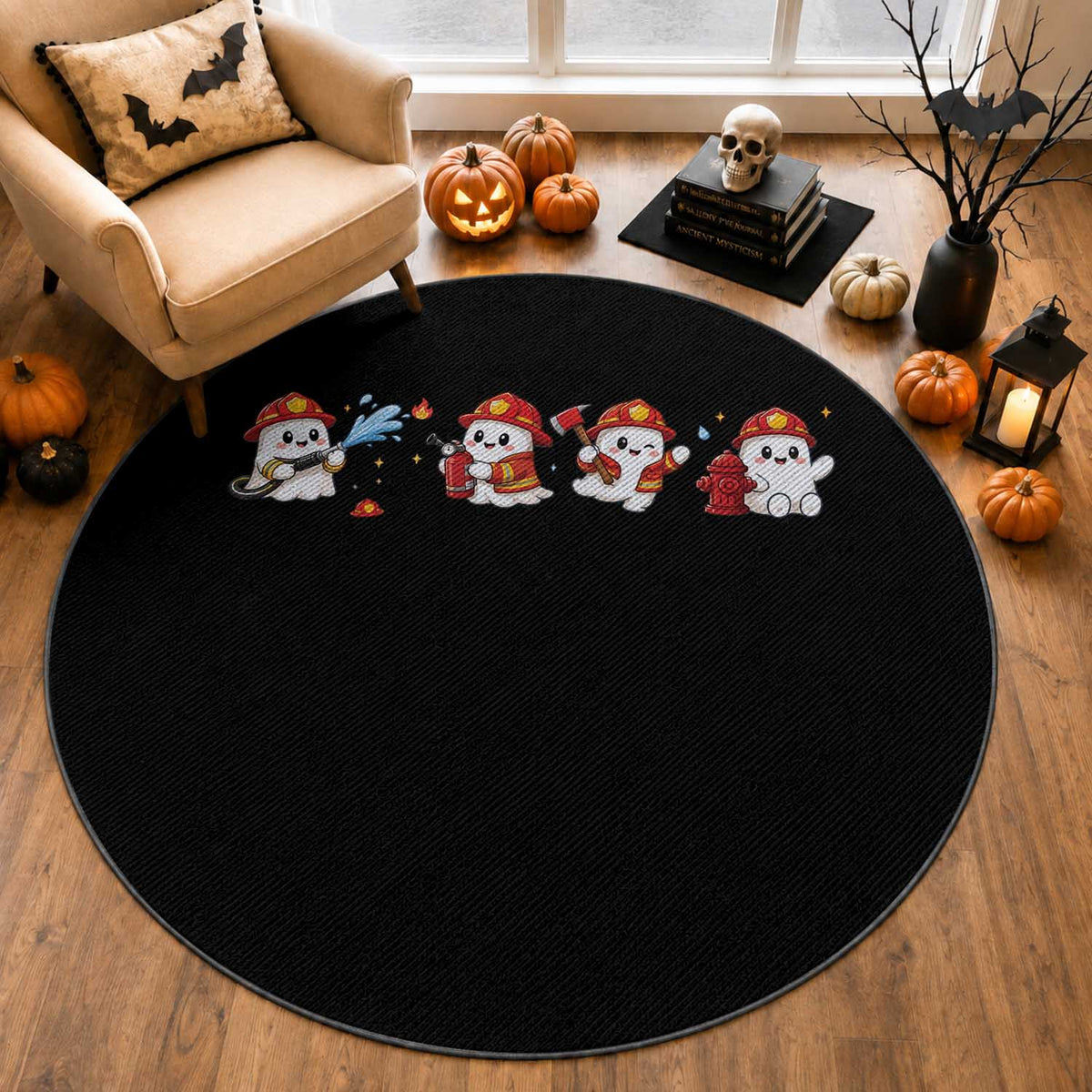 Funny Ghost Firefighter Fire Rescue Halloween Round Rug Spooky Fireman Season Gift
