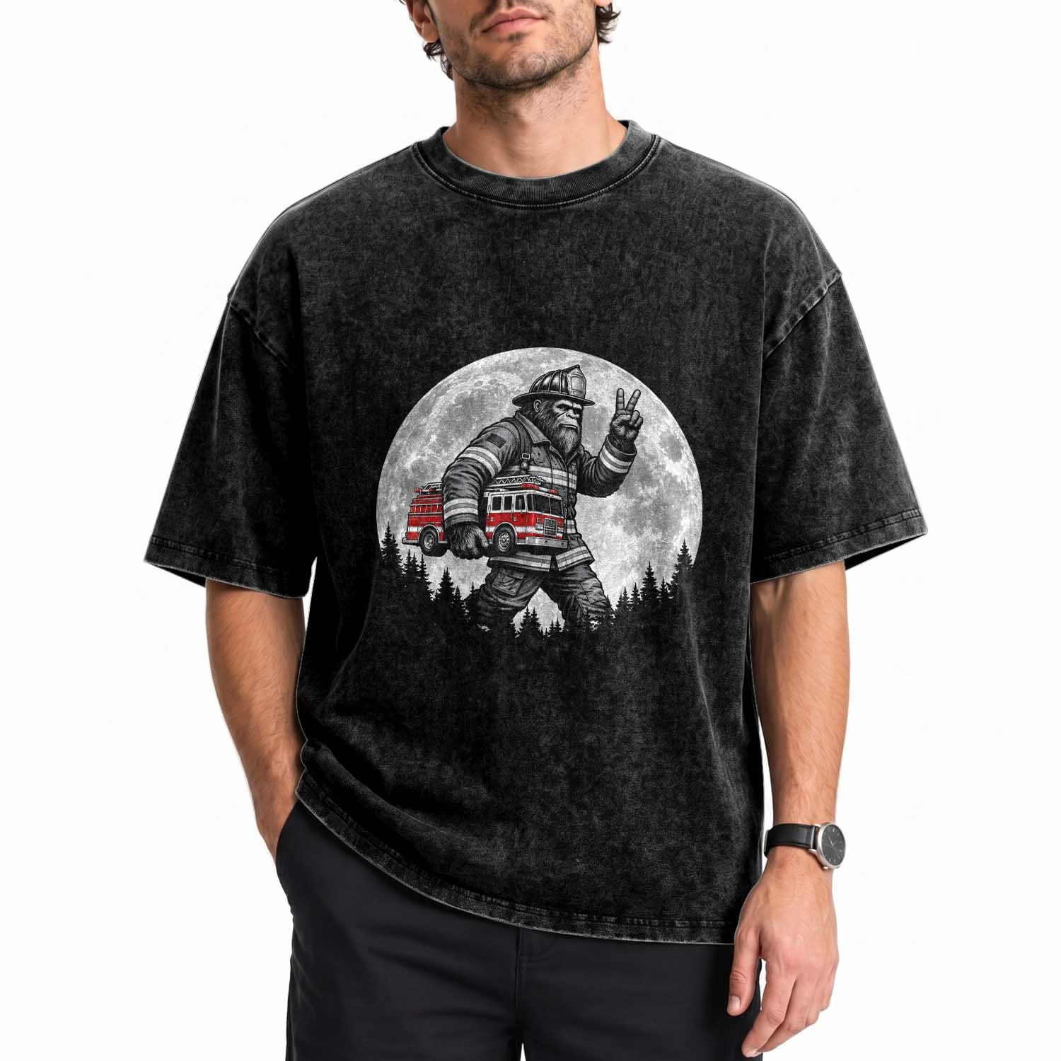 Bigfoot Firefighter Fire Truck Washed Cotton T-Shirt Funny Sasquatch Rescue First Responder