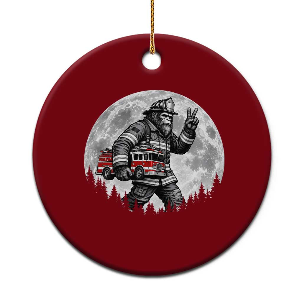 Bigfoot Firefighter Fire Truck Ceramic Ornament Funny Sasquatch Rescue First Responder