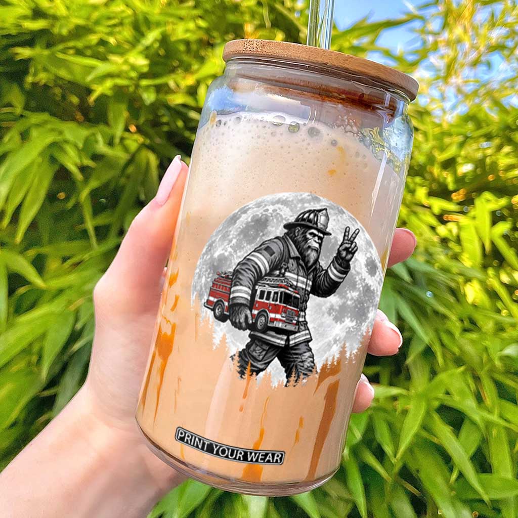 Bigfoot Firefighter Fire Truck Glass Can Funny Sasquatch Rescue First Responder
