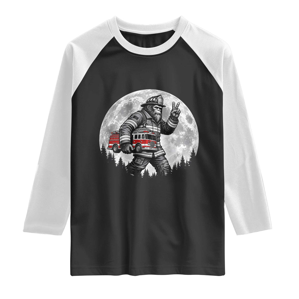 Bigfoot Firefighter Fire Truck Raglan Shirt Funny Sasquatch Rescue First Responder