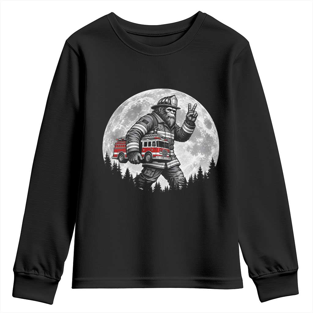 Bigfoot Firefighter Fire Truck Youth Sweatshirt Funny Sasquatch Rescue First Responder