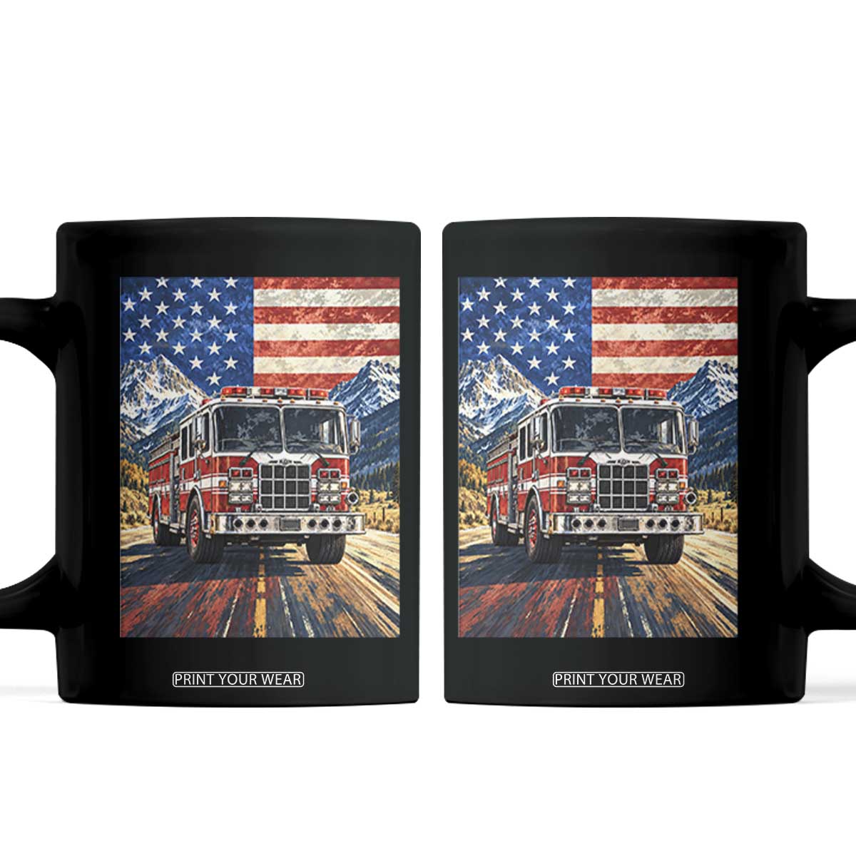 Patriotic American Flag Fire Truck Coffee Mug Firefighter First Responder USA Gift