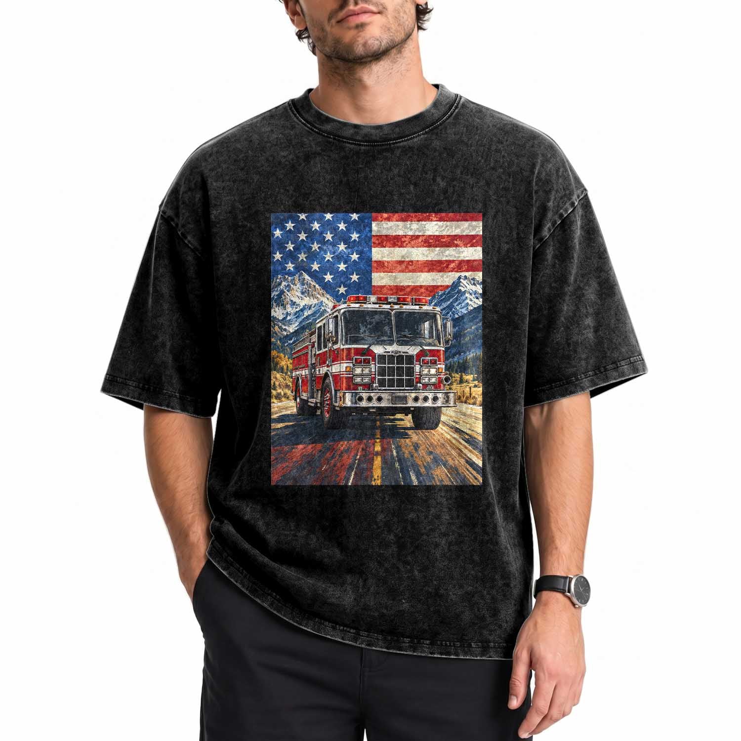 Patriotic American Flag Fire Truck Washed Cotton T-Shirt Firefighter First Responder USA Gift