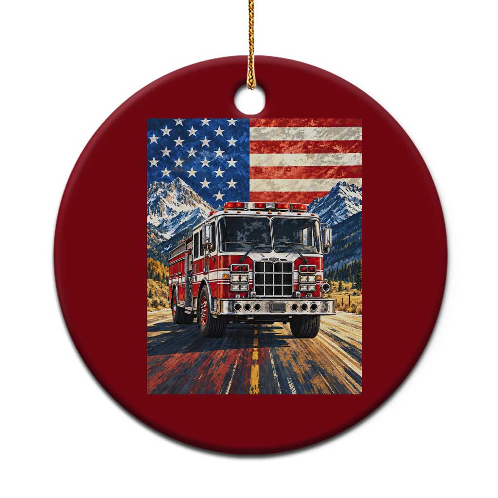 Patriotic American Flag Fire Truck Ceramic Ornament Firefighter First Responder USA Gift