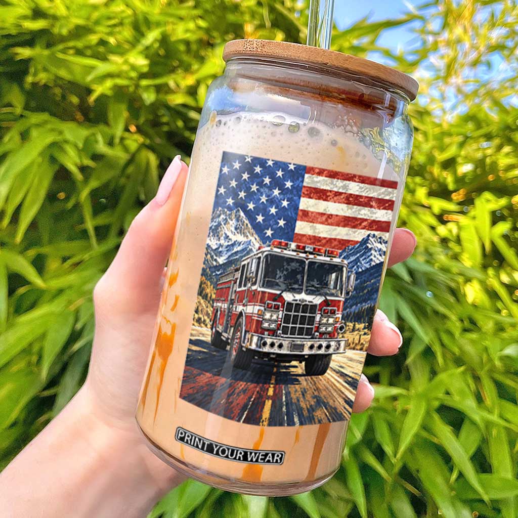 Patriotic American Flag Fire Truck Glass Can Firefighter First Responder USA Gift