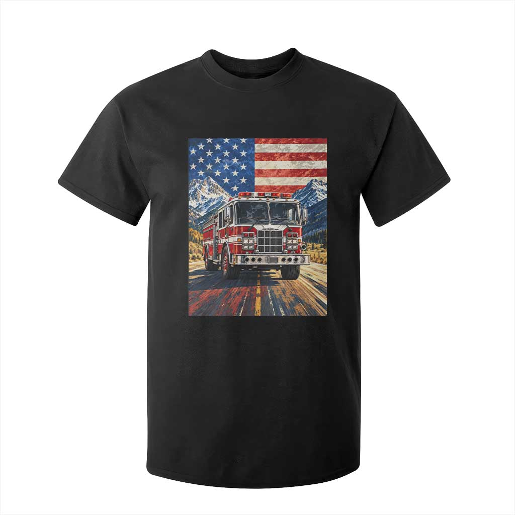Patriotic American Flag Fire Truck T Shirt For Kid Firefighter First Responder USA Gift