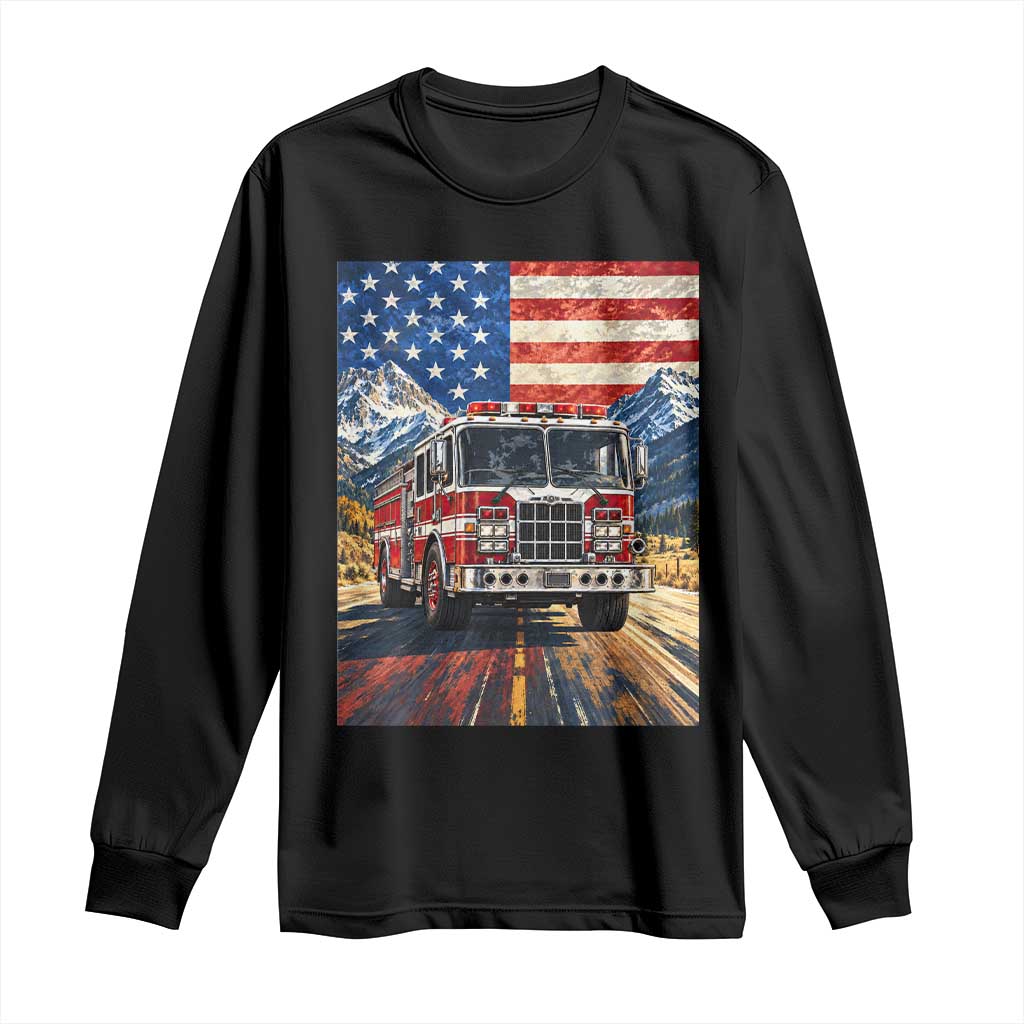 Patriotic American Flag Fire Truck Long Sleeve Shirt Firefighter First Responder USA Gift