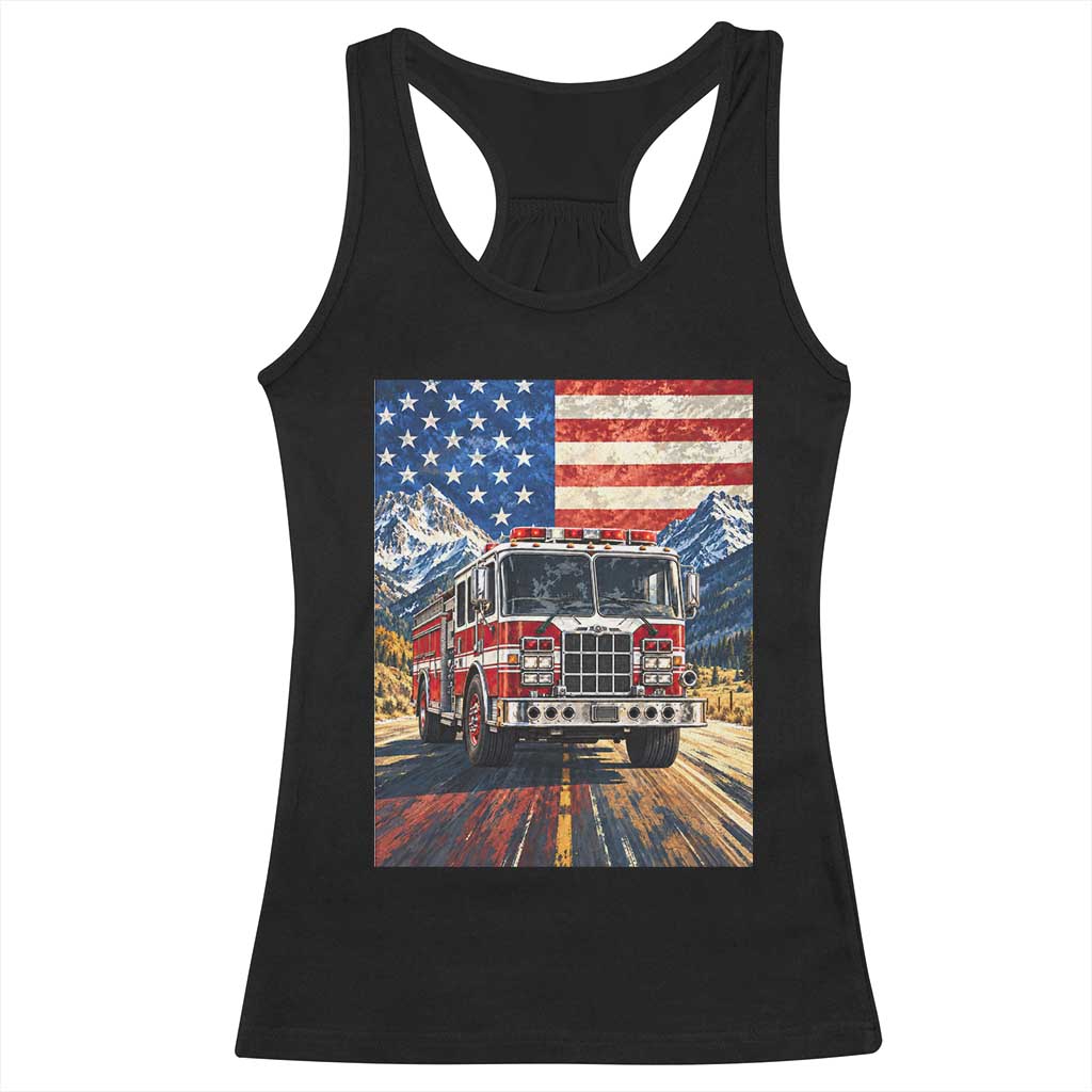 Patriotic American Flag Fire Truck Racerback Tank Top Firefighter First Responder USA Gift