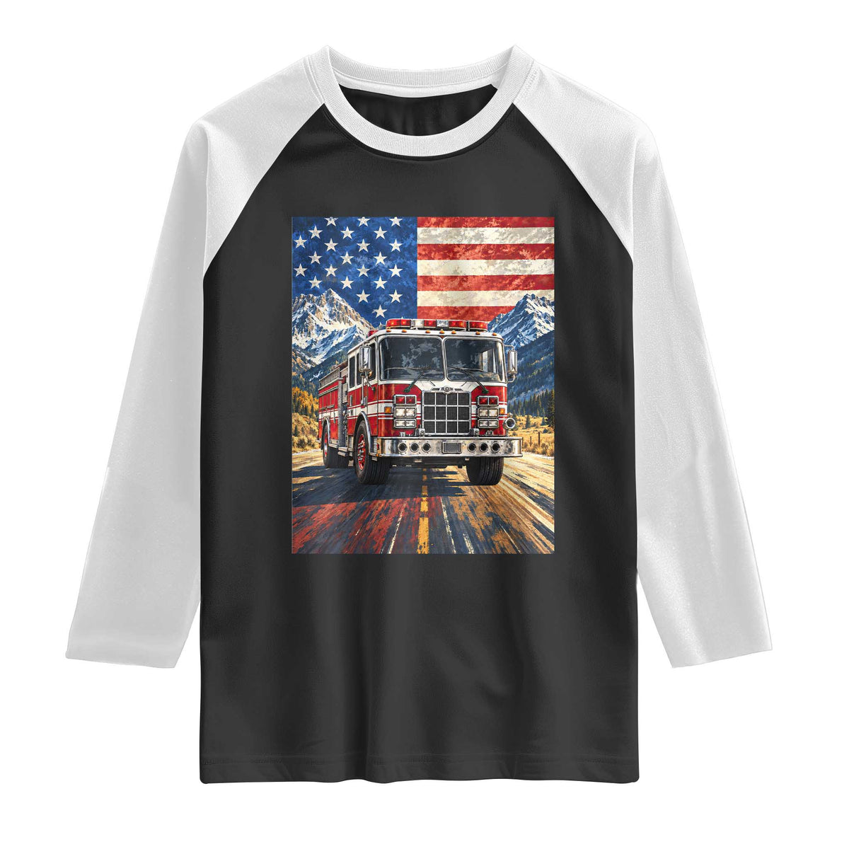 Patriotic American Flag Fire Truck Raglan Shirt Firefighter First Responder USA Gift