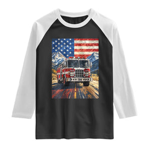 Patriotic American Flag Fire Truck Raglan Shirt Firefighter First Responder USA Gift